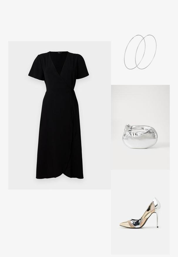 Crna haljina s omotom i kratkim rukavima, V-izrezom, povezom u struku i suknjom punog dužine. Glatka tkanina sa suptilnom teksturom.; Cipele s visokom potpeticom i špicastim vrhom u srebrnoj, zlatnoj i nude boji. Sjajan finiš s izrezbarenim dizajnom, s potpeticom u obliku stiletto.; Srebrna metalik torbica s mekim, zaobljenim oblikom i čvorastim zatvaranjem na vrhu. Izrađena od glatke sintetičke kože.; Srebrne okrugle naušnice s minimalističkim dizajnom. Kružni oblik, glatka tekstura i tanak profil. Lagane s poliranim završetkom.