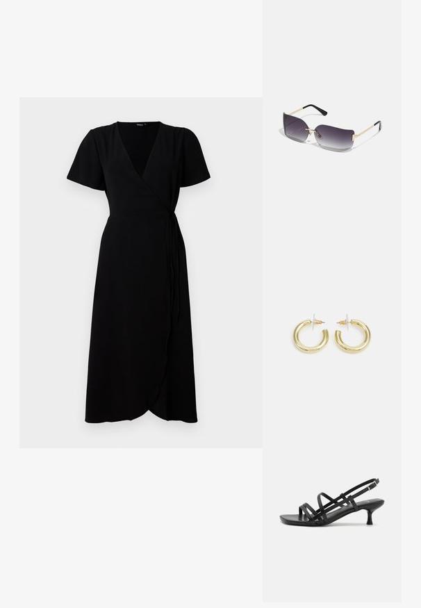 Must mustriibuline must kleit lühikeste varrukatega, V-kaelusega, vöökohaga ja täispikkade seelikutega. Sile kangas kerge tekstuuriga.; Mustad musta kandaga sandaalid, millel on mitmed risti minevad rihmad. Sile materjal, terav nina ja kitsas konts. Reguleeritav pahkluuri rihm klambriga.; Halli prillid halli gradient objektiiviga, kuldne metallraam ja mustad plastikaktsendid. Ainsad liblikakujulised objektiivid, millel on peened sangad.; Kuldne rõngassõrmused sileda ja läikiva viimistlusega. Ringikujuline disain, millel on väike post ja selge tagumine külg, et tagada kindel kandmine.