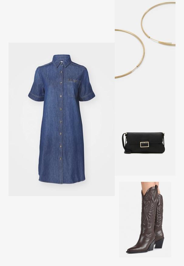 Tamsiai mėlyna džinsinė suknelė su mygtukų užsegimu, trumpomis rankovėmis ir krūtinės kišene. Suknelė turi pritaikytą apykaklę ir subtilius siuvinėjimo akcentus.; Rudos odinės kaubojaus batai su smailiu priekiu ir blokuotu kulnu, pasižymintys detaliu siuvinėjimu ir iškiliais akcentais ant ašies.; Juodas odinis dėkliukas su atvarteliu ir auksinės metalinės sagties detalėmis. Įeina juodas diržas ir elegantiškas, minimalistinis dizainas.; Aukso spalvos žiedo auskarai, ploni ir apvalūs, su lygiu metaliniu paviršiumi be papuošimų ar raštų.