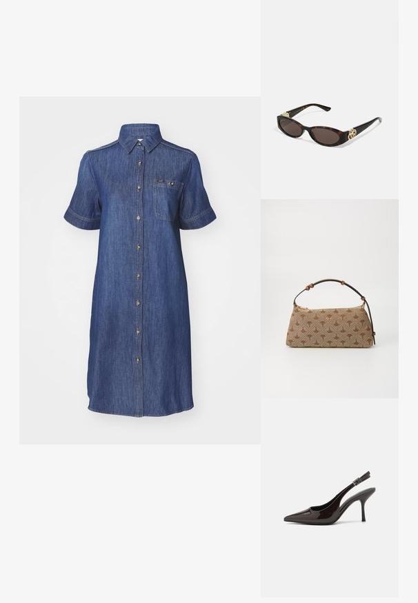 Denim skjortekjole i mørkeblå med knaplukning foran, korte ærmer og en brystlomme. Har en skræddersyet krave og diskrete syninger.; Slingback højhælet sko i glat mørkebrun patenteret læder, spids tå, åbne sider og justerbar ankelrem.; Skildpaddemønster solbriller med aflange ovale linser, brun farve, guldlogo accenter på stængerne og slanke sorte arme.; Brun mønstret håndtaske med tekstureret stof, brun læderrem og guld logo detalje på en beige baggrund. Bøjet, struktureret form.