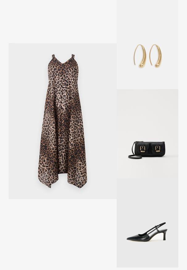 Oblačilo z leopardjim potiskom s prostornim, tekočim dizajnom. Proti vretencu, V-izrez in asimetrična dolžina. Barvna paleta vključuje rjave in črne odtenke.; Črne lakaste slingback pete s koničastim nosom, ki imajo teksturiran vzorec kačje kože, nastavljiv trak in kratek teksturiran blok peto.; Črna usnjena torbica čez ramo z dvema sprednjima žepoma, zlatimi zaponkami, zadrgo in ozkim pasom. Tekstura površine je strukturirana, obliko pa ima kompaktno pravokotno.; Zlato-tonirani kovinski uhani v obliki obroča s krivuljo in podolgovato obliko. Imajo gladko, sijočo površino in zaobljen vrh za dodaten detajl.