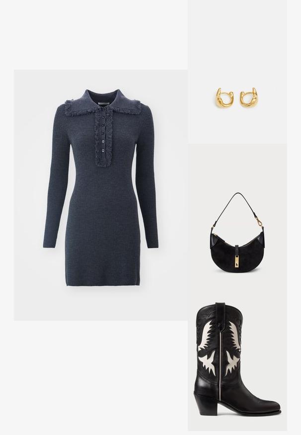 Temno modra rebrasta obleka z razmršeno ovratnikom, petimi gumbi in dolgimi rokavi, izdelana iz teksturirane pletene tkanine.; Črne usnjene kavbojke z belimi oglatimi poudarki, ki vključujejo dekorativno šivanje, napet prst in nizko skladano peto.; Črna torbica s ukrivljeno obliko, narejena iz mikrosemiša in usnja, z zlatim zippom in detajlom logotipa. Vključuje kratko ročico.; Zlate uhane v obliki obroča z gladkim, zaobljenim dizajnom in sijajno obdelavo. Uhane odlikuje kompaktna, debela oblika in brezšivna sponka.