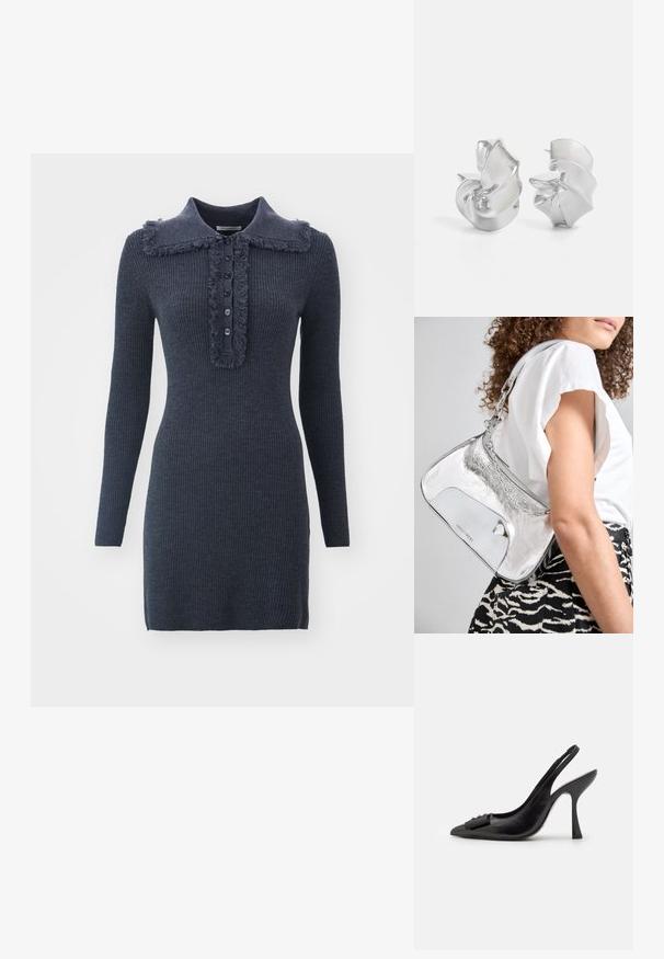 Sötétkék bordázott ruha bolyhos gallérral, öt gombos gombolással és hosszú ujjakkal, amely texturált kötött anyagból készült.; Fekete bőr pántos cipő hegyes orral, karcsú magas sarkával és dekoratív masnival. Simaság és elegáns dizájn.; Ezüst fémes válltáska sima felülettel, ívelt formával, lánchordóval, és egy fényes elülső panellel, amelyen finom logógravírozás található.; Ez egy ezüst fülbevaló, amely áramló, spirális formatervezéssel rendelkezik. Simább textúrájú, fényes felületű. Diszkrét fényt biztosít, és nincsenek látható díszítések.
