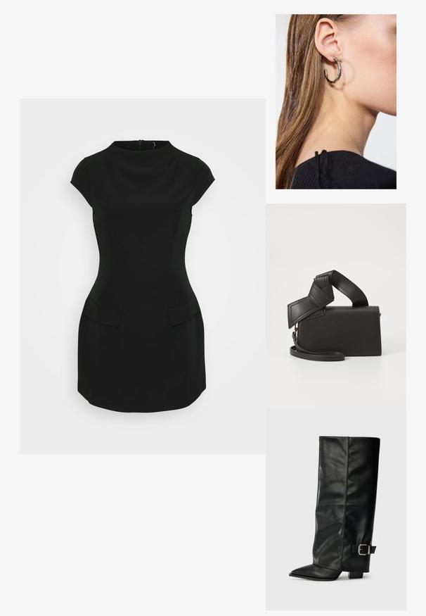 Juoda prigludusi suknelė su trumpomis rankovėmis, apvaliu iškirpimu ir dviem priekinėmis kišenėmis. Pagaminta iš lygaus audinio, su paslėptu užtrauktuku nugaroje.; Juodų odinių kulkšninių batų su smailiu pirštu, lygia tekstūra ir sidabriniu sagties akcentu šone. Masyvūs kvadratiniai kulniukai.; Juodas odinis krepšys stačiakampio formos, su unikalia mazgo formos rankena ir nuimamu peties diržu. Lygus paviršius ir minimalus siūlių skaičius.; Sidabrinė lankinė auskarai su poliruotu paviršiumi, turintys mažus auksinius akcentus ir apvalią formą, dėvimi ant ausies kaušelio.