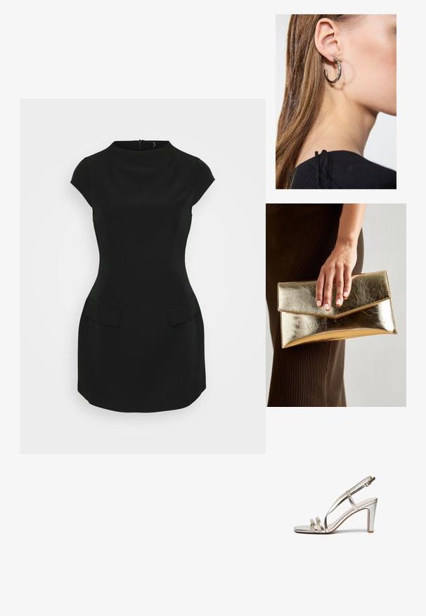Fekete, testhez simuló ruha rövid ujjal, kerek nyakkivágással és két elülső zsebbel. Simafonású anyagból készült, rejtett hátsó cipzárral.; Fémes ezüst színű magassarkú szandál nyitott orral, három vékony pánttal a lábfejen és egy csatfüles bokapánttal.; Arany fémes clutch táska sima textúrával, háromszög alakú csattal. A kéz, amely tartja, szépen manikűrözött körmökkel rendelkezik.; Ez egy ezüst fülbevaló, sima felülettel, amelyen apró arany díszítőelemek találhatók. Kerek formájú és a fülcimpán viselik.