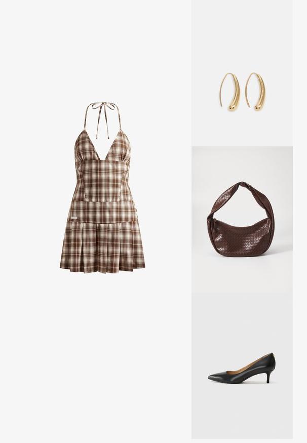 House of Sunny HOXTON wielokolorowy; Czarne skórzane szpilki z wąskim noskiem, niskim obcasem i gładką fakturą. Posiadają lekko otwarte przody i minimalne okucia z tyłu.; Brązowa, pleciona skórzana torba z zakrzywionym, zawiązanym uchwytem i zamknięciem na zamek. Gładka tekstura i zaokrąglony kształt.; Złote metalowe kolczyki w kształcie obręczy o zakrzywionym, wydłużonym kształcie. Posiadają gładką, błyszczącą powierzchnię oraz zaokrąglony koniec dla dodatkowego efektu.