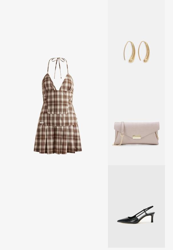 House of Sunny THE HOXTON CHECK DRESS - Vestido informal - multi-colored; Tacón slingback negro de charol con punta afilada, que presenta un estampado de serpiente texturizado, correa ajustable y un tacón bloque corto y texturizado.; Bolso de mano Valentino en suave tela beige, con tapa plegable, cadena dorada y placa metálica con logotipo en la parte delantera.; Pendientes de aro de metal en tono dorado con una forma curva y alargada. Presentan una superficie lisa y brillante y una punta redondeada para mayor detalle.