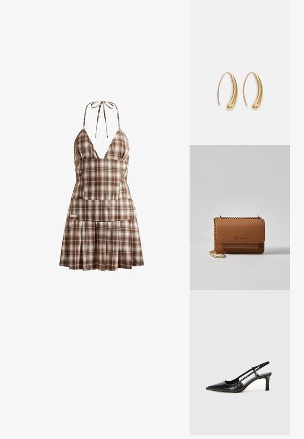 House of Sunny THE HOXTON CHECK DRESS - Vestido de dia - multi-colored; Salto slingback em patente preta com bico apontado, apresentando um padrão de pele de cobra texturizado, tira ajustável e um salto bloco curto e texturizado.; Bolsa crossbody de couro texturizado castanho com alça de corrente dourada e fecho com aba. A parte da frente apresenta detalhe do logótipo e um bolso sob a aba.; Brincos em metal dourado com forma de arco alongado e curvado. Apresentam uma superfície lisa e brilhante, com uma ponta arredondada para um detalhe adicional.