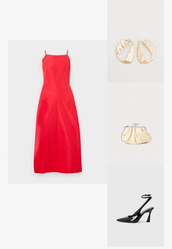 Rdeča brezrokavna midi obleka s preprosto rezom in tankimi naramnicami, postavljena na enobarvno belo ozadje.; Črne patentne usnjene slingback visoke pete s koničastim nosom, nastavljivim gležnjastim trakom in zmerno blokasto peto. Gladka tekstura z bleščečim zaključkom.; Zavihani bež usnjeni nahrbtnik s srebrnim kovinskim okvirom, ki ima dve okrogli okrasni zaponki in srebrno verižico.; Par nenavadno ovalnih zlatih metalnih uhani s teksturirano, rahlo udarjeno površino na belem ozadju.