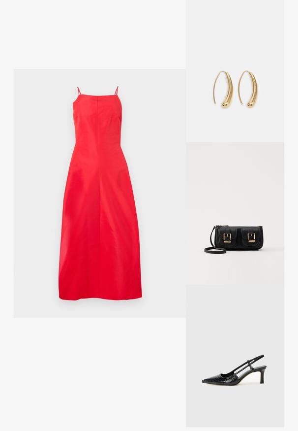Raudona, be rankovių midi suknelė su tiesiu siluetu ir plonomis petnešėlėmis, pristatyta ant paprasto baltos spalvos fono.; Juodai lakuoti slingback aukštakulniai su smailiu nosiu, su tekstūruotu gyvatės raštu, reguliuojama juosta ir trumpu, tekstūruotu blokiniu kulnu.; Juodas odinis per petį nešiojamas krepšys su dviem priekiniais kišenėmis, auksiniais sagtimis, užtrauktuko uždarymu ir siauromis petnešomis. Textūruota paviršius ir kompaktiškas stačiakampis formatas.; Auksinės metalinės auskarų kabės su lenktą, pailgą forma. Turi lygų, blizgantį paviršių ir užapvalintą galiuką papildomam akcentui.