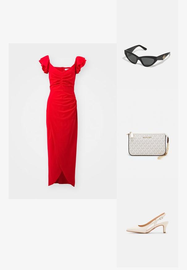Czerwona sukienka z marszczonymi krótkimi rękawami, dopasowanym stanem, zebranym materiałem i spódnicą w stylu kopertowym. Wykonana z miękkiej tkaniny o gładkim wykończeniu.; Biała szpilka slingback z ostrym noskiem, gładkim materiałem wierzchnim, niskim obcasem blokowym oraz wycięciami po bokach i regulowanym paskiem z klamrą.; Okulary przeciwsłoneczne w kształcie kocich oczu z matową czarną oprawką z plastiku, ciemnymi soczewkami oraz złotym akcentem z logo na zausznicy. Kanciasty kształt i gładka tekstura.; Portfel na nadgarstek marki Michael Kors w beżowej, pokrytej płótnem, z powtarzającym się wzorem logo MK, złotym okuciem i odpinanym łańcuszkowym paskiem.