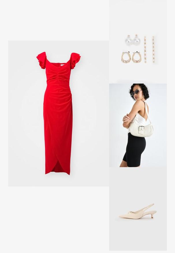 Punane kleit, millel on volangkäised, keha sobiv siluett, kogutud tekstuur ja keeratud stiilis seelik. Valmistatud pehmest kangast, millel on sile viimistlus.; Kitsas varbaga ja avatud kannaosa valged nahast slingback kingad, kaunistatud väikese sõlme detailiga ja madala kitten kontsaga. Sile tekstuur, minimalistlik kujundus.; Valge nahast käekott, millel on kõver kuju, reguleeritav rihm ja väike nööbiga detail. Mudel kannab sobivat musta kostüümi.; Kolm paari kõrvarõngaid: suured valged pärlstudid, kuldsed rõngad läbipaistvate gemmidega ning kaks pikka, sirget kullast aktsentkõrvarõngast sädeleva detailiga.
