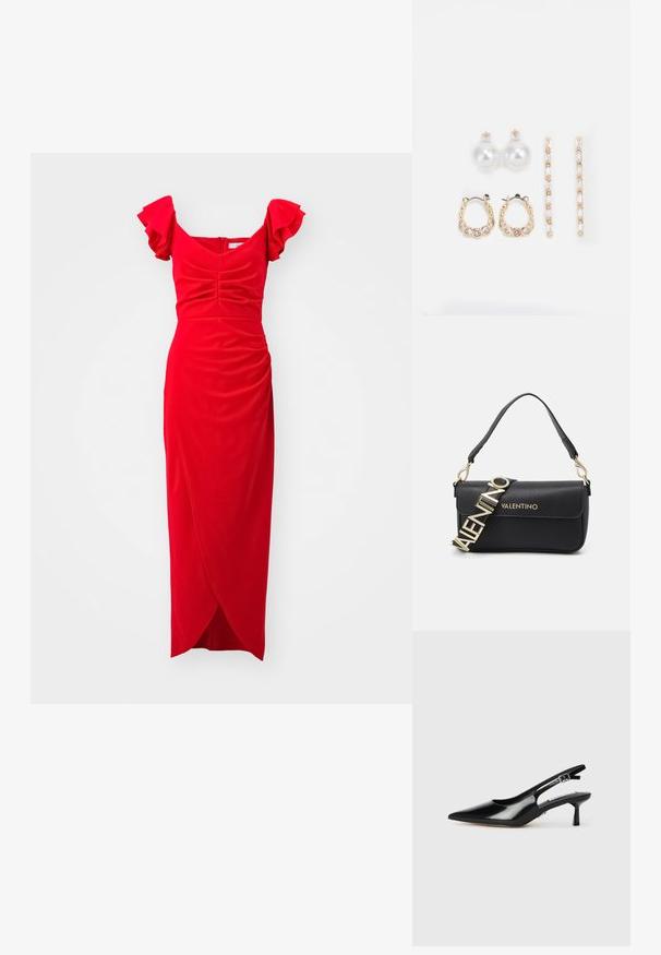 Piros ruha fodros rövid ujjal, szabott felsőrésszel, gyűrt textúrával és batikolt stílusú szoknyával. Puha anyagból készült, sima felülettel.; Fekete patent bőrből készült slingback magassarkú cipők hegyes orral, vékony sarokkal és állítható csattal. Simább textúrájú, minimális részletezéssel.; Fekete bőr kézitáska strukturált formával, arany "VALENTINO" logós vállpánttal és leválasztható vállhevederrel. Texturált felület.; Három fülbevalópár: nagy fehér gyöngy fülbevalók, arany karika fülbevalók, tiszta drágakövekkel, és két hosszú, egyenes arany akcentus fülbevaló csillogó részletekkel.