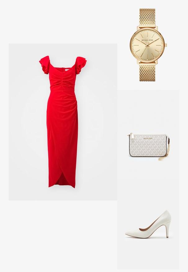 Piros ruha fodros rövid ujjal, szabott felsőrésszel, gyűrt textúrával és batikolt stílusú szoknyával. Puha anyagból készült, sima felülettel.; Fehér lakkbőr magassarkú cipő hegyes orral és sima felülettel, karcsú sarka van, és alacsony kivágás található a nyílás körül.; Michael Kors bézs bevonatos vászon karkötő, amely ismétlődő MK logó mintával, aranyszínű fémrészletekkel és levehető lánchordóval rendelkezik.; Arany színű, hálós pánttal készült karóra. Kerek óralap, minimalista dizájn, fémes felület. Óraszámlálók és négy diszkrét drágakő található rajta.