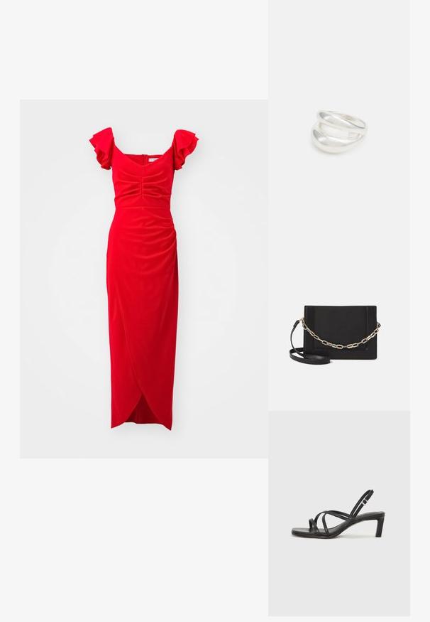 Punane kleit, millel on volangkäised, keha sobiv siluett, kogutud tekstuur ja keeratud stiilis seelik. Valmistatud pehmest kangast, millel on sile viimistlus.; Mustast rihmajalatsid ruudukujulise varba ja madala ploki kontsaga. Omab mitmeid õhukesi rihmasid ja reguleeritavat pahkluu rihma. Valmistatud siledast nahast.; Mustast nahast õlakott, mis omab siledat tekstuuri, ristküliku kuju ning esiküljel metallketi detaili. Reguleeritav rihm on kaasas.; Hõbedane kahekordne rõngas sujuva, poleeritud pinnaga. Omab voolavat, kõverat disaini, millel on kattuvad sektsioonid, et saavutada kaasaegne ilme.