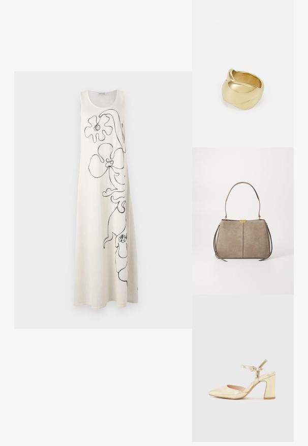Marimekko HELMI BALUNS - Rochie tricotată - white/dark grey; Pantof metalic auriu cu toc, varf ascutit, curea pentru glezna cu un sistem de prindere circular si un design cu toc chunky. Textura neteda.; Tommy Hilfiger CASUAL SHOULDER BAG - Geantă de mână - coastal taupe; Iarba de aur cu un design neted, răsucit. Prezintă o suprafață lustruită și marginile rotunjite, creând o formă fluidă, continuă.
