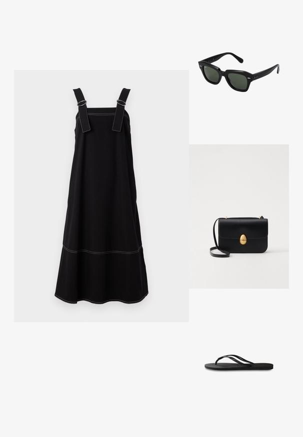 Rochie neagră cu bretele late, accente din metal argintiu și cusături albe. Siluetă A-line cu un tiv care se lărgește ușor.; Încălțăminte tip flip-flop neagră cu o talpă din cauciuc texturat, două bretele subțiri și un detaliu discret, embosat cu logo pe bretea.; Ochelari de soare pătrați negri cu lentile de un verde închis, având rame îndrăznețe și accente argintii pe laturi. Fabricat în Italia.; Geantă de mână din piele neagră, cu o formă rectangulară structurată. Are un capac oval auriu și o curea subțire pentru umăr. Textură netedă.
