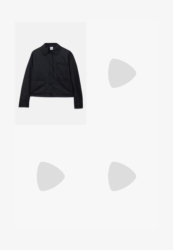 Black cropped jacket made of smooth fabric, featuring a pointed collar, six buttons, and two front patch pockets. Simple design with minimal accents.; Black short-sleeve t-shirt made of soft cotton. Classic round neck design with a simple, unembellished surface and a relaxed fit.; Dark blue flared jeans made of denim, featuring a five-pocket design, belt loops, and contrasting yellow stitching along the seams.; Black leather ballet flats with a pointed toe, featuring a strap with a circular metallic buckle and a flat sole.