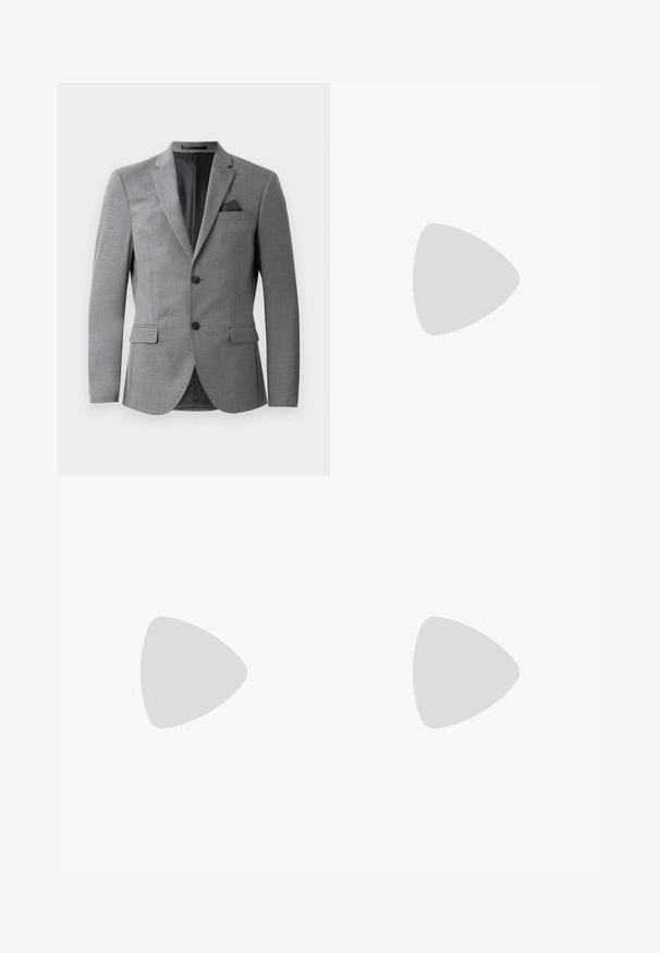 Blazer gris présentant un tissu texturé, un design à un seul bouton, deux poches avant et un col cranté élégant. Comprend un mouchoir de poche.; Polo en teal clair, à manches courtes, col polo avec deux boutons, présente un petit logo sur la poitrine gauche, en tissu coton lisse.; Pantalon noir avec une coupe ajustée, présentant une texture lisse et un design à jambe droite. La taille est dotée de passants de ceinture et d'une finition soignée.; Chaussure de dress en cuir verni noir avec un bout arrondi, un design à lacets et une surface lisse et brillante. Dispose d'une semelle en caoutchouc discrète.