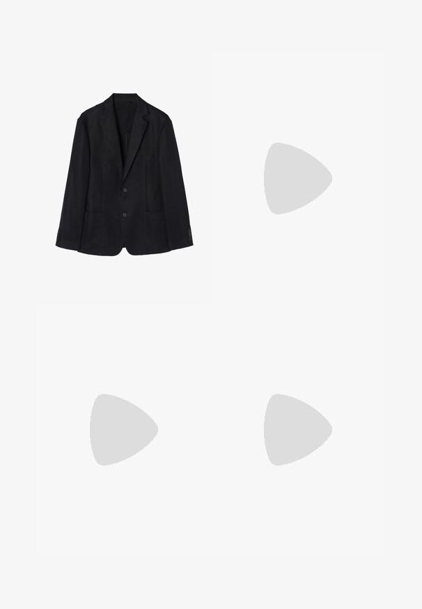 Die marineblaue Leinenjacke zeichnet sich durch einen Zwei-Knopf-Verschluss, einen geflammten Reverskragen, zwei Vorderaschen und geknöpfte Manschetten aus, was zu einer eleganten Silhouette führt.; Beiger Poloshirt aus Baumwolle, mit klassischem Kragen, kurzen Ärmeln und einem dezent gestickten Logo auf der linken Brust.; Schwarze Leinenhose mit taillierter Passform, ausgestattet mit einem einzelnen Frontknopf, Falten und geradem Bein. Glatte Textur mit leichtem Finish.; Weiße Leder-Sneaker mit runder Zehenform, flacher Außensohle und minimalistischem Design. Verfügt über sechs Ösen und ein dezentes Nahtdetail an der Seite.; Schwarze rechteckige Sonnenbrillen mit dunklen Gläsern, die einen dicken Rahmen, subtile Akzente an den Seiten und keine sichtbaren Logos außer dem Markennamen aufweisen.; Silberner Edelstahlumschlag mit schwarzem Zifferblatt, markierten Stundenanzeigen, Datumsanzeige und wasserdicht bis zu 50 Metern.; Silberner Metallarmreif mit einer glatten, matten Oberfläche. Verfügt über ein offenes Design mit abgerundeten Kanten, das eine verstellbare Größe ermöglicht.