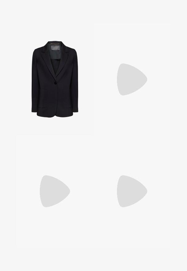 Blazer noir à coupe ajustée, fermeture à un bouton et deux poches avant. Tissu lisse avec un col cranté et des détails intérieurs subtils.; Chemise blanche à manches longues en tissu lisse, dotée d'un col classique, d'une fermeture à boutons à l'avant et d'un ourlet arrondi. Design simple sans motifs.; Une jupe à hauteur de genoux avec une base crème et de fortes rayures zébrées bleu marine, une fente sur le côté et une texture de tissu léger.; Escarpins en cuir verni noir avec un bout pointu et un petit talon carré. Sangle réglable à la cheville avec boucle.; Sac à main en cuir verni noir avec une texture crocodile, quincaillerie dorée, une poignée supérieure et une bandoulière amovible. Forme rectangulaire avec une fermeture à rabat.