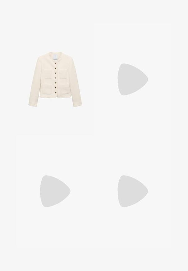White textured jacket with a round neckline, four front pockets, and gold button closures. Frayed edges at cuffs and hem.; Green knitted sleeveless top with a textured wave pattern, featuring a rounded neckline and straight hem. Label: Sandro.; Black linen shorts with a tailored design, flat front, belt loops, and side pockets. Smooth texture with a clean cut hem.; Beige slingback shoe with a black cap toe, a square high heel, and two strap accents, made from smooth material.; Brown tortoiseshell sunglasses with oval lenses and dark grey tint. Features a gold-tone accent on the temples. Smooth plastic texture.