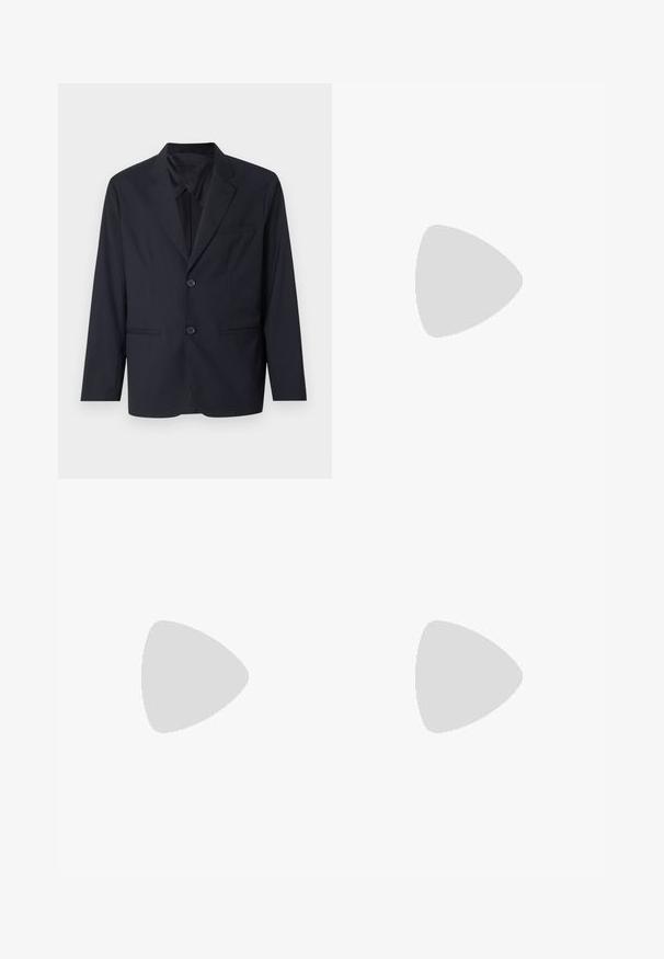 Navy blue blazer in a smooth fabric with a single-breasted design, two buttons, notch lapels, and a chest pocket.; White short-sleeve t-shirt in cotton fabric with a round neckline. Simple design with no patterns or accents. Smooth texture.; Gray stretch pants with a smooth texture, featuring a button closure, belt loops, and side pockets. Tailored design with a slim fit.; White athletic shoes with a smooth synthetic upper, blue accents, textured navy heel, and a lightweight, spiked sole for traction.