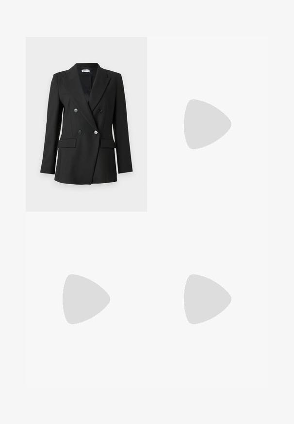 Black double-breasted blazer made of smooth fabric. Features notched lapels, two front pockets, and silver-button accents.; Lightweight, cream-colored sweater with a round neckline, long sleeves, and ribbed hem. Made from soft fabric with a smooth texture.; Grey patterned trousers with a tailored design, wide legs, and a smooth texture, featuring a flat front and belt loops.; Black suede high-heeled pump with a pointed toe, featuring a glossy black block heel and a smooth interior lining.