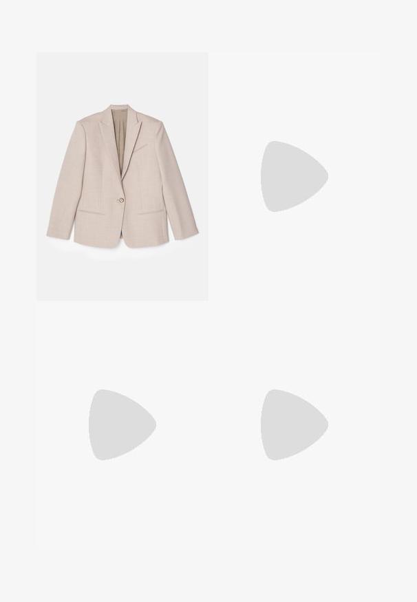 Beżowa, dopasowana marynarka, zapinana na jeden guzik, z klapami, z materiału teksturowanego o drobnych wzorach, z dwiema przednimi kieszeniami, bez podszewki.; Długi rękaw, prążkowana koszulka w białym kolorze z bawełny, z poziomymi granatowymi paskami i małym czerwonym logo na klatce piersiowej. Klasyczny okrągły dekolt.; Ivory krótka spódnica wykonana z lekkiego, teksturowanego materiału z marszczonym wzorem i elastycznym paskiem. Casualowa i wszechstronna, idealna do różnych stylizacji.; Brązowe zamszowe baleriny z wąskim czubkiem i niskim profilem. Charakteryzują się gładką fakturą i minimalistycznym wzornictwem. Brak widocznych elementów metalowych lub dekoracji.; Czarne okulary przeciwsłoneczne w kształcie kociego oka z gradientowymi szarymi soczewkami, wykonane z plastiku, z złotym logo na zausznikach i gładkim, błyszczącym wykończeniem.; Bordowa plisowana torebka skórzana z złotym uchwytem w formie łańcuszka oraz małym prostokątnym akcentem ze sprzętem. Miękka tekstura, zaokrąglony kształt i elegancki design.