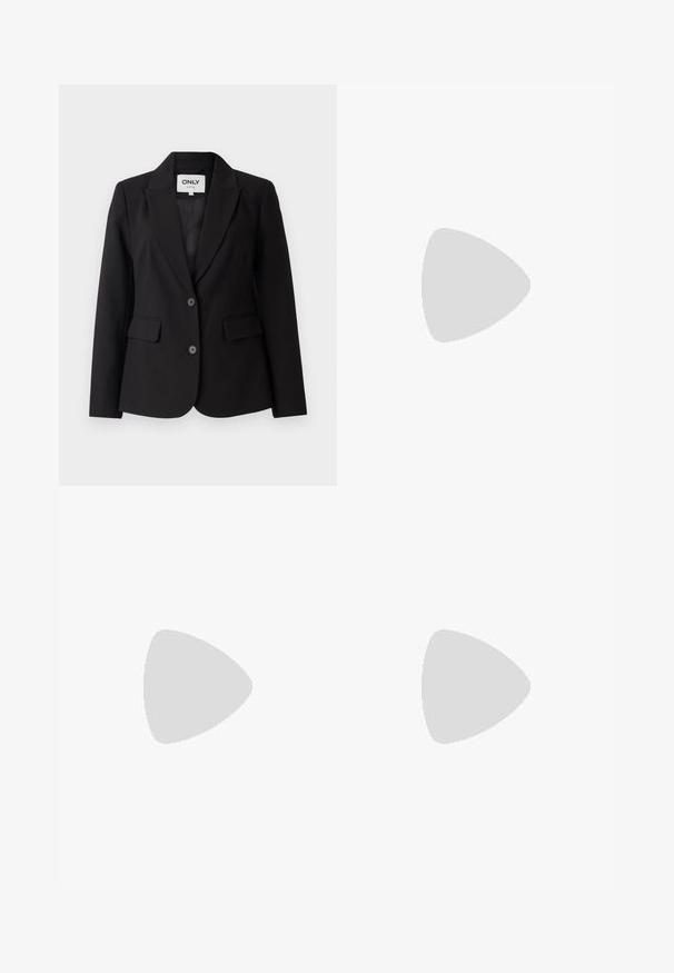 Sort blazer med kloklapper, enkeltknaps design, to forlommer og to sorte knapper. Glat stof med en skræddersyet pasform.; Hvid strikket T-shirt med kort ærme, der har en diamantmønstret tekstur og en rund halsudskæring. Løs pasform med et blødt, åndbart stof.; Beige brede bukser med sort palmetræmønster, elastisk talje med snøring, og kontrasterende mønsterkant ved kanten.; Sorte ballet-flade med en glat læderfinish, rund tå og en lille dekorativ sløjfe foran. Flad sål.; Runde, bruntonede solbriller med en glansfuld bordeauxramme. Slanke arme med diskret brandingdetalje. Flad linsedesign.; Sort faux læder skuldertaske med rektangulær form, guld hardware, magnetlås og aftagelig rem. Tekstureret overflade.