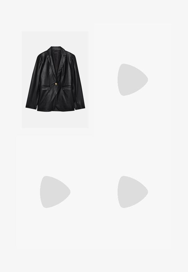 Blazer en cuir noir avec un revers cranté, fermeture à un bouton doré, deux poches avant et finition lisse. Doublure intérieure de couleur sombre.; T-shirt blanc à manches courtes en coton doux. Présente un col rond et une coupe décontractée. Design épuré sans motifs ni accents visibles.; Pantalon large de couleur beige clair, fabriqué en tissu doux avec une taille élastique et sans fermetures ni poches visibles.; Baskets blanches avec un matériau en maille, semelle en caoutchouc, design sans lacets avec des bandes élastiques et accents dorés.