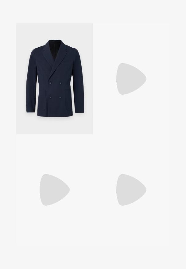 Double-breasted navy blazer in textured fabric, featuring two front pockets, notched lapels, and decorative buttons on the front.; Navy blue polo shirt made of soft fabric, featuring a classic collar, three-button placket, and short sleeves. Smooth texture, minimal design.; Dark blue, tailored trousers made of lightweight fabric. Features a fitted waist with a belt and a straight-leg cut, smooth texture.; Black leather loafers with a smooth texture, rounded toe, and a decorative strap across the vamp. Low stacked heel, minimalist design.