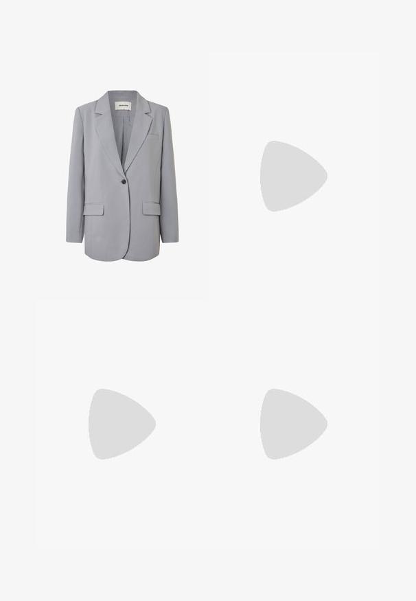Light gray blazer with a single button closure, notched lapels, two front pockets, and a central back vent. Smooth fabric texture.; Black short-sleeve t-shirt in a soft, stretchy fabric with a classic round neckline and fitted silhouette, suitable for layering or casual wear.; Light blue wide-leg jeans made of denim. Features a button and zip fly, five pockets, and a faded finish with a slightly distressed hem.; Knee-high black leather boots with a squared toe and block heel, shown with a model seated in an olive green coat. Smooth texture, minimal detailing.; Black leather handbag with a rectangular shape, featuring a single structured handle, silver hardware, and zip closure. Smooth texture.