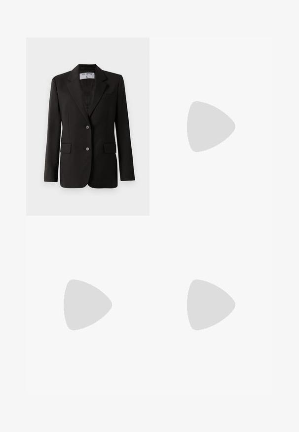 Fekete, szabott, két gombos zakó, csúcsos hajtókával és hajtózsebekkel, a gallér belsejében "Filippa K" felirattal.; Sárga ruha áttetsző ombre rózsaszín ujjal. Egyszerű, egyenes fazon, térd hosszúságú, sima textúrával és áramló anyaggal.; Fekete, pántos lapos cipők hegyes orral, sima anyagból. A "LOVE MOSCHINO" felirat fehér színben díszíti őket, minimalistakialakítással.; Fekete bőr tote táska fényes felülettel, ívelt tetejével, két vállpántjával és arany színű fémrészlettel az elején.