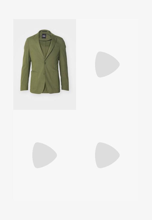 Green blazer made of textured fabric, featuring two front pockets, a single-button closure, and notched lapels. Brand label visible inside.; Black turtleneck sweater made of soft material, featuring long sleeves and a snug fit. Ribbed trim at the hem and cuffs. Simple design.; BOSS PERIN - Trousers - open green; Black leather lace-up shoe with a rounded toe, smooth texture, minimal stitching, and a low rubber heel. Logo on the heel.