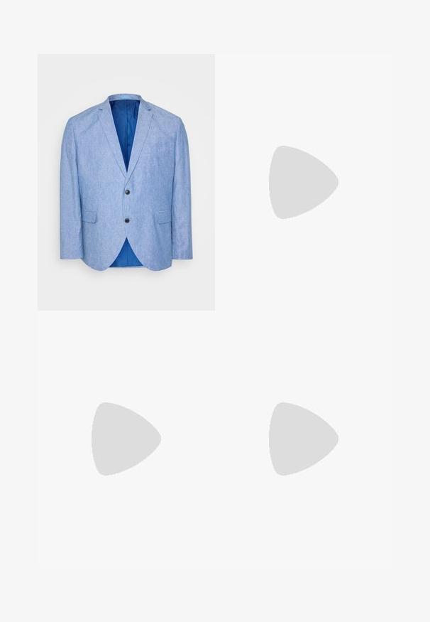 Sacou bleu deschis dintr-un material texturat. Prezintă un rever clasic, două butoane negre și căptușeală albastră la interior. Buzunar singur pe piept.; Tricou alb din bumbac, cu guler rotund și mâneci scurte, având o croială lejeră și o textură netedă, fără modele sau grafică vizibile.; Pantaloni bej deschis dintr-o țesătură de in amestec, cu un front plat, bucle pentru curea și o închidere cu un singur nasture. Design croi drept.; Adidași din piele albă cu accente bej, talpă din cauciuc plat, vârf rotund și logo contrastant pe lateral și pe spate. Design cu șireturi.