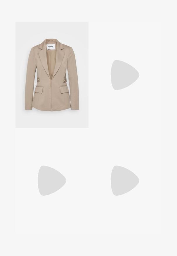 Bež sako krojen od teksturirane tkanine, koji ima rever, prednji zatvarač, dva prednja džepa i zlatne dugmadi kao ukrase.; Even&Odd Petite 2 PACK - Top - light grey/black; Crne široke hlače od glatkog materijala, s zlatnim gumbima uz struk kao detaljem i prilagođenim siluetom.; Crne lakirane kožne mokasine sa debelim crnim potplatom i detaljima od zlata. Glatka tekstura i dizajn okruglog vrha.; Srebrne metalne naušnice u obliku prstena s brušenom teksturom, s kružnim dizajnom i prozirnom vrstom kopče za sigurno nošenje.