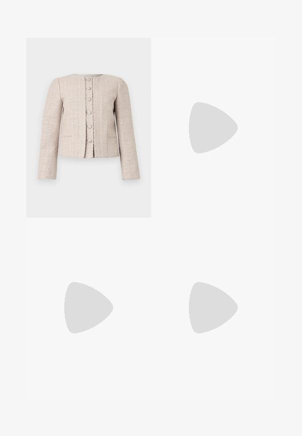 Beige tweed blazer with a round neckline, front button closure, and long sleeves. Features a textured pattern and subtle sheen.; Pink, striped shirt featuring embroidered daisies. Button-down front, long sleeves, and a classic collar. Soft fabric texture.; Black pleated wide-leg trousers with an elastic waistband. Made of lightweight fabric, featuring vertical folds throughout.; Black leather ballet flat with a rounded toe, smooth texture, minimal stitching detail, and a flexible sole design.