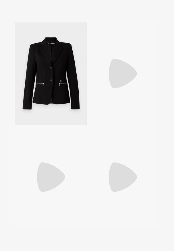 Melns pielāgots žakets ar vienu pogu, sudraba rāvējslēdzēju kabatām un elegantu dizainu. Izgatavots no gluda, izturīga auduma.; Melnas bezpiedurkņu kleitas no gludas auduma, ar aksesuāru - loku viduklī, ar aizmugures rāvējslēdzēju un sānu šķēlumu. Minimālisma dizains.; Melnas ādas slingback papēži ar norādītu purngalu, izsmalcinātu papēdi un dekoratīvu sprādzi uz priekšpuses. Gluda tekstūra un elegants dizains.; Melnas ādas rokassomu ar akmens struktūru, izliekta forma, augšējā rāvējslēdzēja aizvēršana, sudraba detaļas un brūns birkas. Iespējas logotipa akcentam.