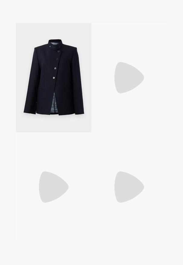 Navy blazer made of wool blend, featuring a high collar, five-button closure, and two front pockets. Lined with a patterned fabric.; Bodysuit with long sleeves, high collar, and an off-shoulder design in a solid burgundy color. Made from a soft, stretchy fabric.; Dark denim high-waisted jeans with wide legs, featuring five pockets, a button closure, and contrasting stitching. Smooth texture with no patterns.; Black pointed-toe high heel shoe with a crocodile-skin texture, featuring a sleek design, high stiletto heel, and smooth black interior.