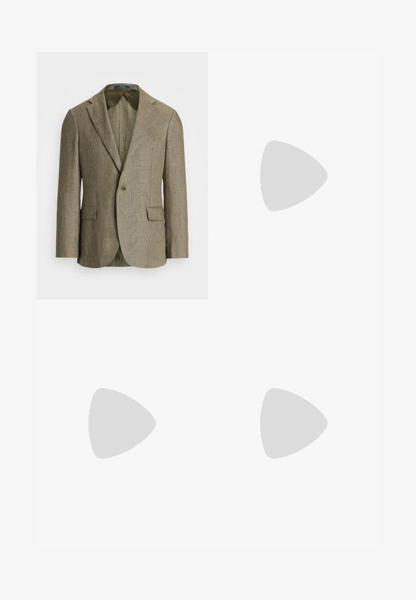 Blazer à carreaux dans des tons beige et marron, avec une fermeture à un bouton, des revers crantés et deux poches avant. Tissu texturé.; T-shirt crème à manches courtes avec col et poignets côtelés vert foncé. Présente un imprimé graphique de rames croisées et le texte "150 OARSMAN".; Chinos blancs en coton, avec une coupe plate, passants de ceinture, deux poches latérales et une poche arrière. Texture lisse avec une jambe droite.; Baskets en beige, crème et vert olive, dotées de matériaux en daim et cuir, d'un bout rond, d'un design minimaliste et d'une semelle en caoutchouc.