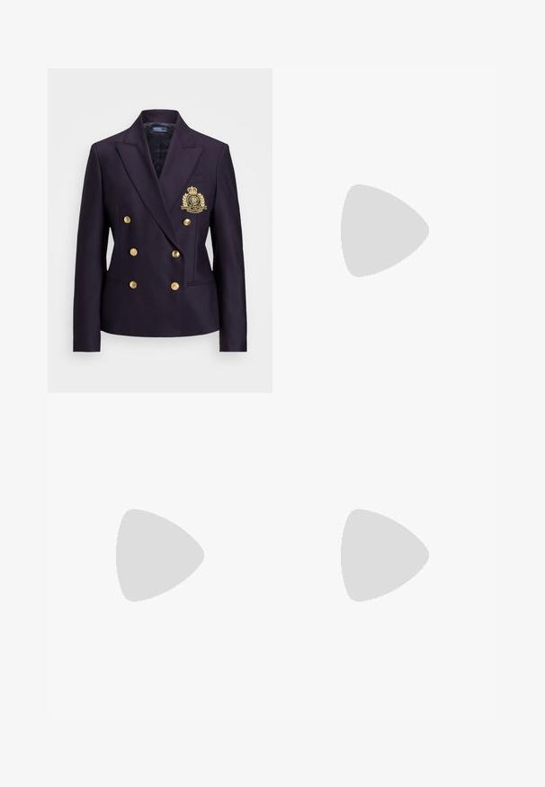 Navy double-breasted blazer with gold buttons, notched lapels, and embroidered crest detailing on the left chest. Smooth fabric texture.; White ribbed tank top with a scoop neckline, made of soft material. The design features a fitted shape and subtle texture throughout the fabric.; Beige wide-leg pants made of smooth cotton, featuring a classic waistband and back pocket, with a straight cut and minimal detailing.; Black leather loafers with a chunky sole, featuring a gold-tone accent on the front and a smooth finish. Chunky tread design on the sole.