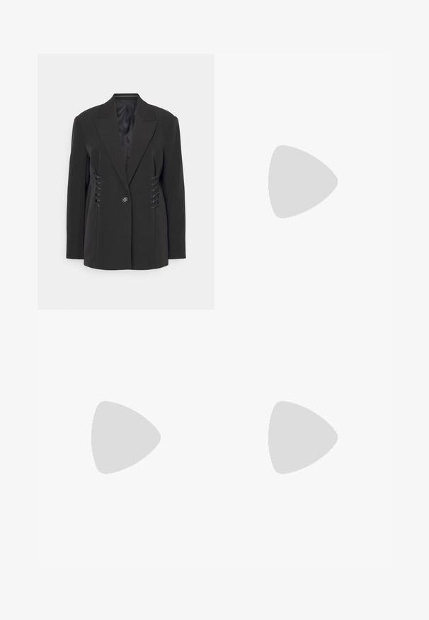 Black blazer with sharp lapels, single button closure, and lace-up detailing on the sides. Comes with a smooth interior lining.; Nude-colored bralette featuring floral embellishments, lace fabric, satin underlay, and adjustable satin ribbons.; Black wide-leg pants with a shiny sequin texture and a wavy pattern. High waist design, flowing silhouette, and smooth finish.; Vagabond ANSIE - Classic heels - dark red; Gold and silver drop earrings with a curved, elongated shape. Glossy finish with a smooth texture and minimalist design.