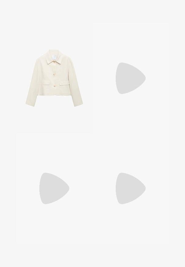 Bež kratki sako s ovratnikom, s tri gumba sprijeda, dva zakrpa džepa i glatkom, blago teksturiranom tkaninom.; Bijela majica kratkih rukava od pamuka. Ima okrugli izrez i opušteni kroj. Glatka tekstura bez vidljivih uzoraka ili naglasaka.; Svijetloplave traperice širokih nogavica; imaju pet džepova, visoki struk i zatvaranje na patentni zatvarač s metalnim gumbom.; Smeđe kožne sandale s iskrižanim trakama, umetkom za zapešće s kopčanjem i ravnim potplatom s minimalnim detaljima šivanja.