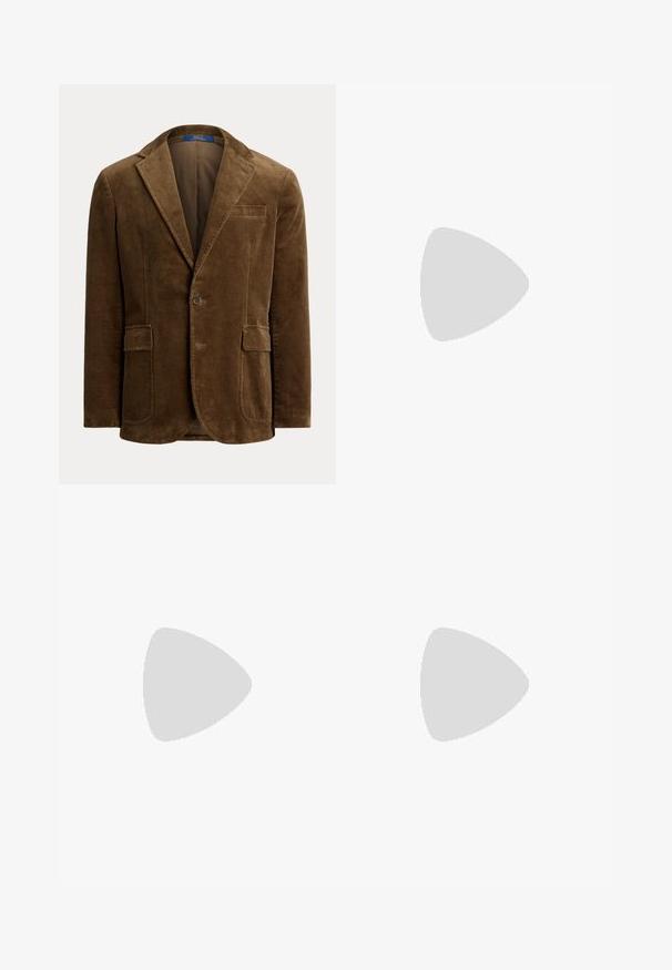 Brown corduroy blazer featuring a notched lapel, single button closure, front patch pockets, and textural ribbed fabric.; Beige long-sleeve button-up shirt with white vertical stripes, button-down collar, chest pocket, and "Polo Ralph Lauren" label inside collar.; Beige shorts made of cotton blend, featuring front pleats, a button closure, and rolled cuffs for added design detail.; Brown leather loafer with a textured light gray fabric panel, rounded toe, and a small heel; features subtle stitching and a decorative strap.