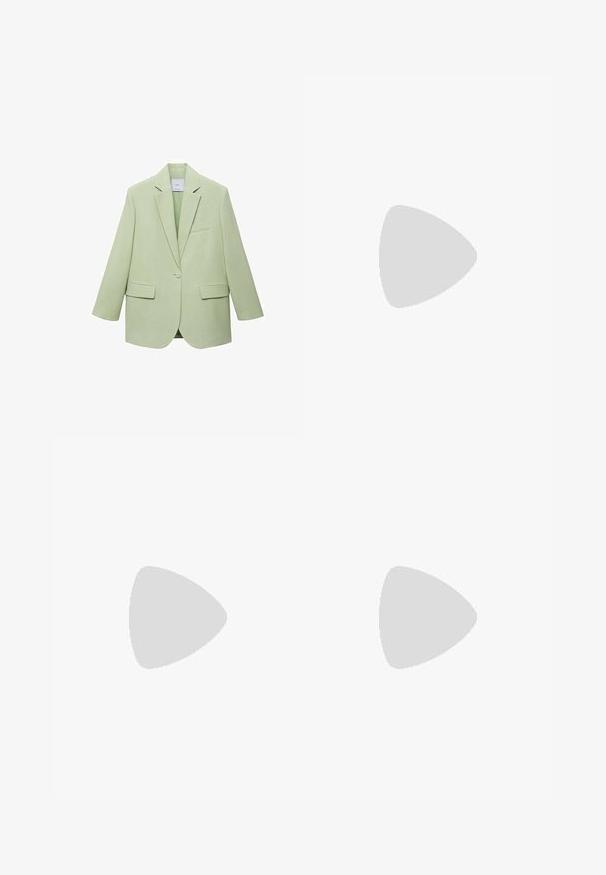 Svijetlozeleni blejzer sa strukturiranim dizajnom, jednim dugmetom, rebrastim reverima i dva prednja džepa. Glatka tekstura tkanine.; Stradivarius STRIPED  - Bluza s gumbima - pink; Bijela majica s kratkim rukavima od mekanog pamuka, s okruglim izrezom i prilagođenim oblikom. Bez vidljivih uzoraka ili ukrasa.; Svijetloplave traperice ravnog kroja, sa pet džepova i srednje povišenim strukom. Imaju izblijedjeli uzorak i šivani rub.; Zeleni antilop tenisice s bijelim dizajnom od tri pruge, kremastim detaljima i smešnim teksturiranim đonom. "SPEZIAL" izvezen zlatnim koncem sa strane.