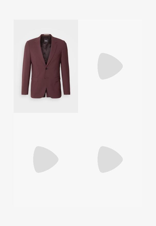 BOSS HOUSTON - Kostiuminis švarkas - open red; Next REGULAR FIT SINGLE CUFF - Dalykiniai marškiniai - mauve pink; Juodi kelniukai, pagaminti iš lygaus audinio, su užsegimu priekyje, raukšlėmis ir tiesiomis kojomis. Nėra matomų raštų ar akcentų.; Juodas odinis slip-on loafer'as su tekstūruotu paviršiumi, apvaliu pirštu, žemu kulnu ir guminėmis padais, parodytas šoniniame profilyje ant balto fono.