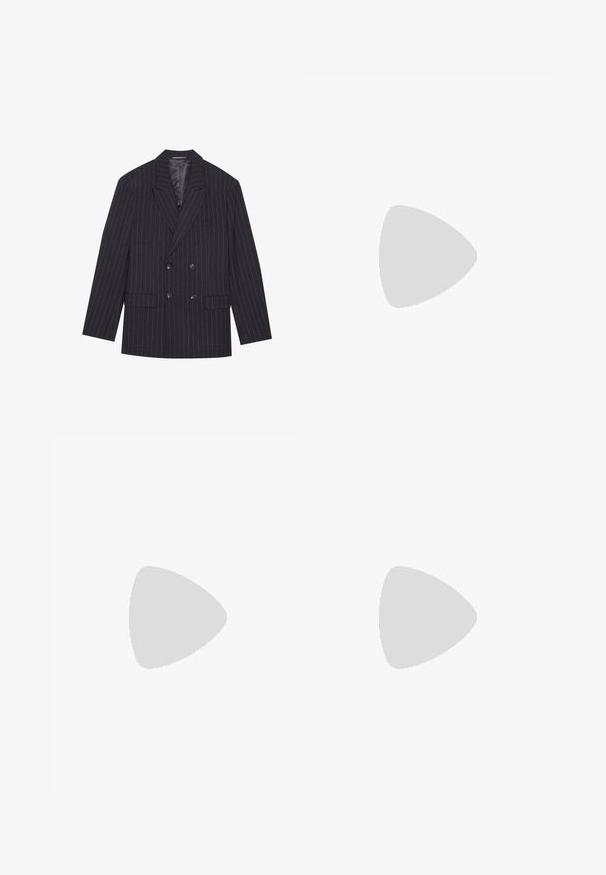 Black pinstriped double-breasted blazer with notched lapels, two front pockets, and six buttons; smooth texture and tailored fit.; Short-sleeve shirt in light pink, made of linen, featuring a button-down front and a chest pocket. Natural wooden buttons accent the design.; White cotton tank top with a round neckline, wide shoulder straps, and a straight hem, featuring a smooth texture and no visible patterns.; Wide-leg denim jeans in medium blue, featuring a button closure, front pockets, and slight fading. Clean hem with a straight cut.; Brown leather cowboy boot with a tall shaft, pointed toe, intricate stitching patterns, and a small heel. Textured finish throughout.; Black rectangular sunglasses with green lenses, matte finish, subtle hardware accents, and embossed logo on the temple.