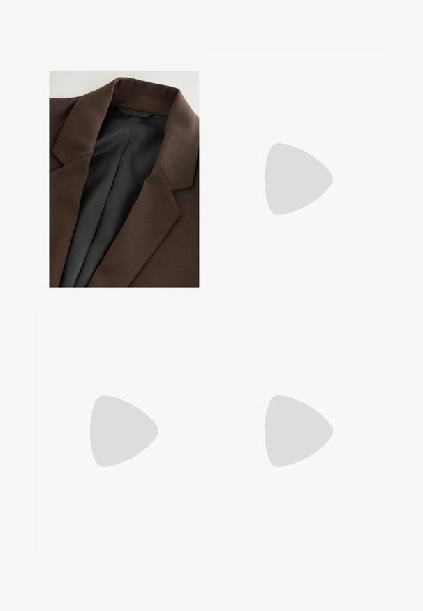 Brown blazer with a smooth, textured fabric. It features a notched collar and a black, striped interior lining. Simple, clean design.; Brown cotton tank top with a rounded neckline and wide shoulder straps, featuring a smooth texture and casual design.; Black wide-leg trousers made of soft fabric, featuring a high waist and smooth texture with clean lines and no visible fastenings.; Dark brown patent leather slingback pump with pointed toe, low kitten heel, and adjustable gold-tone buckle strap.