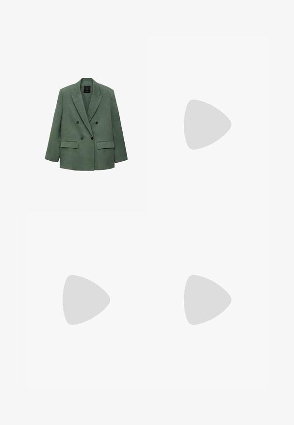 Grüner Leinen-Doppelreiher-Blazer mit Reverskragen, zwei vorderen Taschen und schwarzen Knöpfen. Strukturierte Form und glatte Textur.; Navyblaues Kleid mit weißen Punkten. Verfügt über Puffärmel und einen V-Ausschnitt, hergestellt aus einem glatten Stoff. Ausgestellte Silhouette bis zur Knöchellänge.; Helle taupe Wildledersandale mit zwei verstellbaren Riemen und rose-goldener Hardware. Korkfußbett auf einer strukturierten braunen Sohle. Offenes Zehendesign.; Schildpatt-Sonnenbrille mit ovalen Gläsern, brauner Tönung und dünnen gemusterten Seiten. Leichtes Kunststoffmaterial mit dezenten goldenen Akzenten.